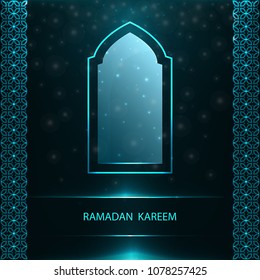 Ramadan Kareem greeting card with traditional blue window and pattern on black background.