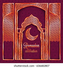 Ramadan Kareem greeting card with traditional islamic pattern, invitation or brochure in eastern style.Arabic circle and stars intricate pattern.Ornament with shiny frames and lacy background.