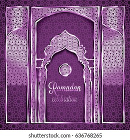 Ramadan Kareem greeting card with traditional islamic pattern, invitation or brochure in eastern style.Arabic circle and stars intricate pattern.Ornament with shiny frames and lacy background.