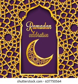 Ramadan Kareem greeting card with traditional islamic pattern, invitation or brochure in eastern style.Arabic circle and stars golden pattern.Gold ornament with shiny frames and mosque stylized doors