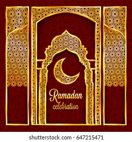 Ramadan Kareem greeting card with traditional islamic pattern, invitation or brochure in eastern style.Arabic circle and stars golden pattern.Gold ornament with shiny frames on red background