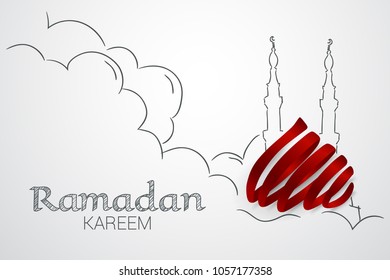 Ramadan Kareem Greeting Card Vector Illustration with a ribbon which forms a dome mosque and hand drawn icon.