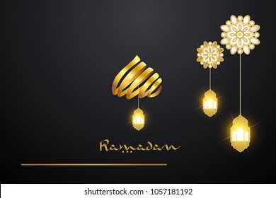 Ramadan Kareem Greeting Card Vector Illustration using paper cut design style, gold colored with a ribbon which forms a dome mosque and hand drawn 