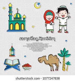 Ramadan Kareem greeting card. Vector cartoon illustration. Islamic Concept, moslem culture of great day