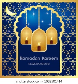 Ramadan Kareem greeting card. Vector template greeting card with intricate Arabic lamp on shiny abstract background.Vector Illustration for greeting card, poster and banner.