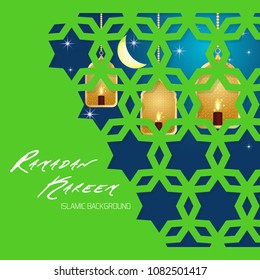Ramadan Kareem greeting card. Vector template greeting card with intricate Arabic lamp on shiny abstract background.Vector Illustration for greeting card, poster and banner.