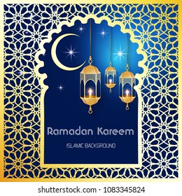 Ramadan Kareem greeting card. Vector template greeting card with intricate Arabic lamp on shiny abstract background.Vector Illustration for greeting card, poster and banner.