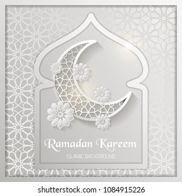 Ramadan Kareem greeting card. Vector template of a greeting card with intricate Arabic Moon