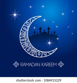 Ramadan Kareem greeting card. Vector template of a greeting card with intricate Arabic Moon