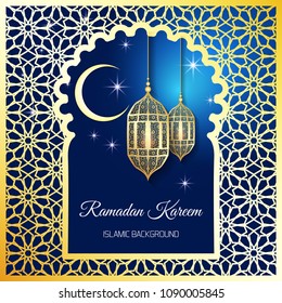Ramadan Kareem greeting card. Vector template greeting card with intricate Arabic lamp on shiny abstract background.Vector Illustration for greeting card, poster and banner.
