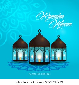 Tarjeta de felicitación Ramadan Kareem. Tarjeta de felicitación de la Plantilla del Vector con la lámpara árabe intrincada en el fondo abstracto brillante. Ilustración vectorial para la tarjeta de felicitación, el cartel y el Anuncio.