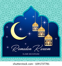 Ramadan Kareem greeting card. Vector template greeting card with intricate Arabic lamp on shiny abstract background.Vector Illustration for greeting card, poster and banner.