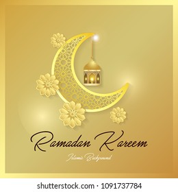 Ramadan Kareem greeting card. Vector template greeting card with intricate Arabic lamp on shiny abstract background.Vector Illustration for greeting card, poster and banner.
