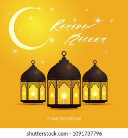 Cartão de saudação Ramadan Kareem. Cartão de saudação de modelo de vetor com lâmpada árabe intrincada em fundo abstrato brilhante.Ilustração de vetor para cartão de saudação, cartaz e banner.
