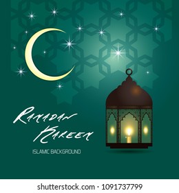Ramadan Kareem greeting card. Vector template greeting card with intricate Arabic lamp on shiny abstract background.Vector Illustration for greeting card, poster and banner.