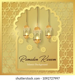 Ramadan Kareem greeting card. Vector template greeting card with intricate Arabic lamp on shiny abstract background.Vector Illustration for greeting card, poster and banner.