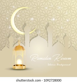 Ramadan Kareem greeting card. Vector template greeting card with intricate Arabic lamp on shiny abstract background.Vector Illustration for greeting card, poster and banner.