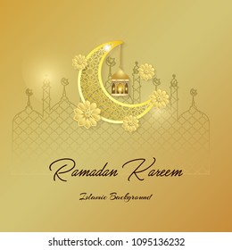 Ramadan Kareem greeting card. Vector template greeting card with intricate Arabic lamp on shiny abstract background.Vector Illustration for greeting card, poster and banner.