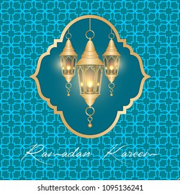 Ramadan Kareem greeting card. Vector template greeting card with intricate Arabic lamp on shiny abstract background.Vector Illustration for greeting card, poster and banner.