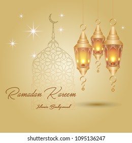Grußkarte Ramadan Kareem. Vektorvorlage Grußkarte mit aufwändiger arabischer Lampe auf glänzendem abstraktem Hintergrund.Vektorgrafik für Grußkarte, Poster und Banner.