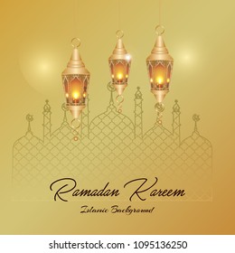 Ramadan Kareem greeting card. Vector template greeting card with intricate Arabic lamp on shiny abstract background.Vector Illustration for greeting card, poster and banner.
