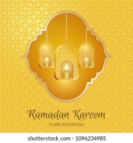 Ramadan Kareem greeting card. Vector template greeting card with intricate Arabic lamp on shiny abstract background.Vector Illustration for greeting card, poster and banner.