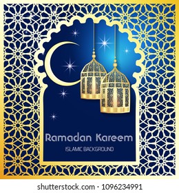 Ramadan Kareem greeting card. Vector template greeting card with intricate Arabic lamp on shiny abstract background.Vector Illustration for greeting card, poster and banner.