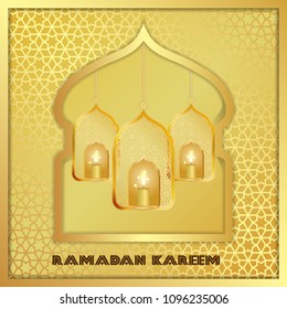 Ramadan Kareem greeting card. Vector template greeting card with intricate Arabic lamp on shiny abstract background.Vector Illustration for greeting card, poster and banner.