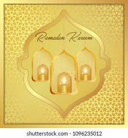 Ramadan Kareem greeting card. Vector template greeting card with intricate Arabic lamp on shiny abstract background.Vector Illustration for greeting card, poster and banner.