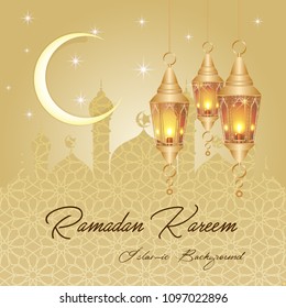 Ramadan Kareem greeting card. Vector template greeting card with intricate Arabic lamp on shiny abstract background.Vector Illustration for greeting card, poster and banner.