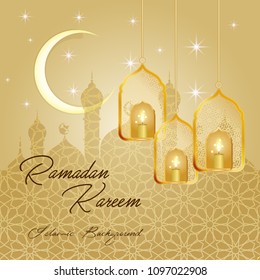 Ramadan Kareem greeting card. Vector template greeting card with intricate Arabic lamp on shiny abstract background.Vector Illustration for greeting card, poster and banner.