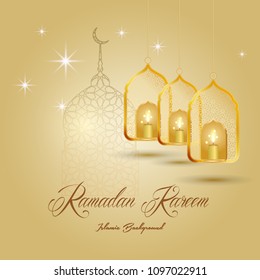 Ramadan Kareem greeting card. Vector template greeting card with intricate Arabic lamp on shiny abstract background.Vector Illustration for greeting card, poster and banner.