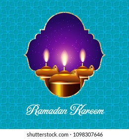 Ramadan Kareem greeting card / Vector template greeting card with intricate oil lamp on shiny abstract background