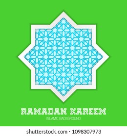 Ramadan Kareem greeting card. Vector template greeting card with Arabic Islamic pattern arch frame