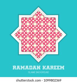 Ramadan Kareem greeting card. Vector template greeting card with Arabic Islamic pattern arch frame