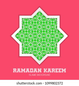 Ramadan Kareem greeting card. Vector template greeting card with Arabic Islamic pattern arch frame