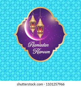 Ramadan Kareem greeting card. Vector template greeting card with intricate Arabic lamp on shiny abstract background.Vector Illustration for greeting card, poster and banner.
