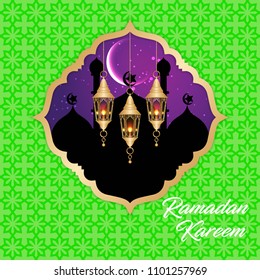Ramadan Kareem greeting card. Vector template greeting card with intricate Arabic lamp on shiny abstract background.Vector Illustration for greeting card, poster and banner.
