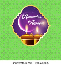 Ramadan Kareem greeting card / Vector template greeting card with intricate oil lamp on shiny abstract background