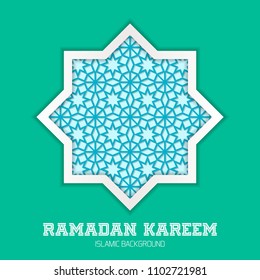 Ramadan Kareem greeting card. Vector template greeting card with Arabic Islamic pattern arch frame.