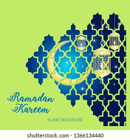 Ramadan Kareem greeting card. Vector template greeting card with intricate Arabic lamp on shiny abstract background.Vector Illustration for greeting card, poster and banner.