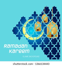 Ramadan Kareem greeting card. Vector template greeting card with intricate Arabic lamp on shiny abstract background.Vector Illustration for greeting card, poster and banner.