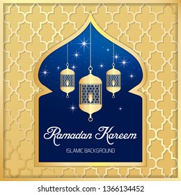 Ramadan Kareem greeting card. Vector template greeting card with intricate Arabic lamp on shiny abstract background.Vector Illustration for greeting card, poster and banner.