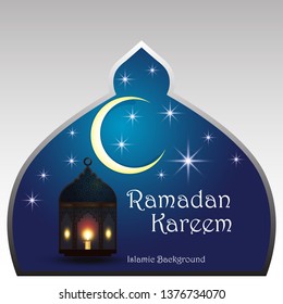 Ramadan Kareem greeting card. Vector template greeting card with intricate Arabic lamp on shiny abstract background.Vector Illustration for greeting card, poster and banner. - Vector
