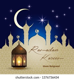 Ramadan Kareem greeting card. Vector template greeting card with intricate Arabic lamp and  Mosque background.Vector Illustration for greeting card, poster and banner. - Vector