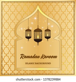 Ramadan Kareem greeting card. Vector template greeting card with intricate Arabic lamp background.Vector Illustration for greeting card, poster and banner. - Vector - Vector