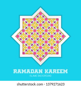 Ramadan Kareem greeting card. Vector template greeting card with Arabic Islamic pattern arch frame