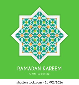 Ramadan Kareem greeting card. Vector template greeting card with Arabic Islamic pattern arch frame