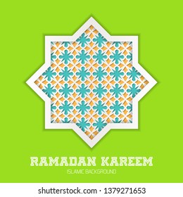 Ramadan Kareem greeting card. Vector template greeting card with Arabic Islamic pattern arch frame