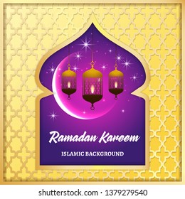Ramadan Kareem greeting card. Vector template greeting card with intricate Arabic lamp on shiny abstract background.Vector Illustration for greeting card, poster and banner. - Vector